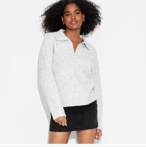 Wild Fable Women's Light Gray Collared V-Neck  Long Sleeves Sweater Sz M New